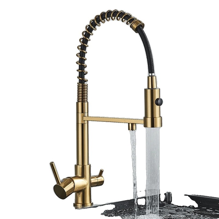 Szűrt vízhez való higiéniai csaptelep, modern dizájn, süllyeszthető zuhanyfunkció, szálcsiszolt arany, függőleges rögzítés