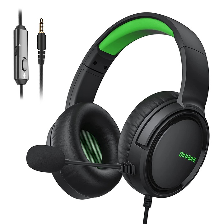 Casti gaming cu fir, Sistem surround HD, Microfon cu anulare a zgomotului, Control volum, Pentru PC / XBOX / PS, Difuzor 50mm, 97dB, Design ergonomic, Multi platform, Verde/Negru