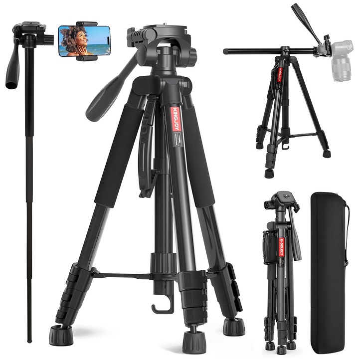 Телескопичен статив за снимки, BYONDSELF®, с въртяща се централна колона, панорамна глава, подвижен монопод, 58-177 см, чанта за съхранение, държач за телефон за статив, черен