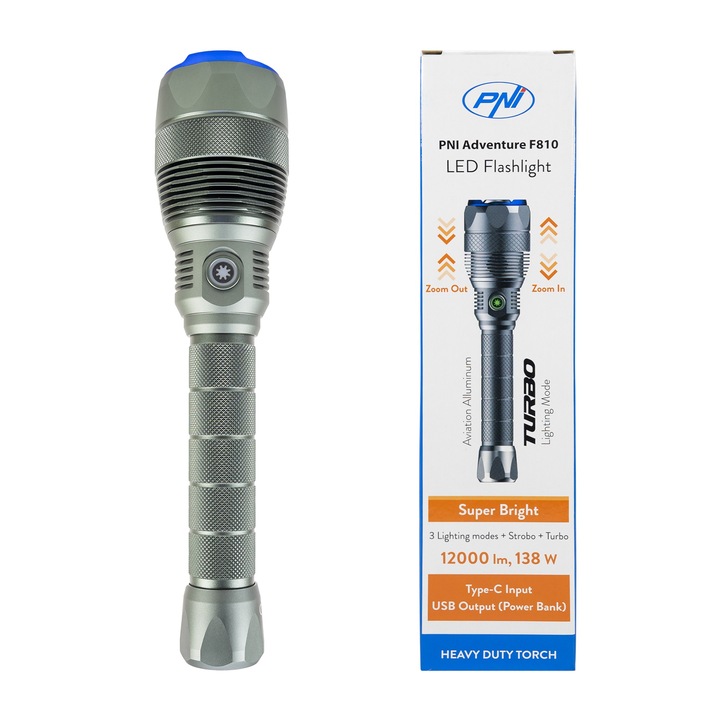 Фенер PNI Adventure F810 с LED 138 W, 3 нива на осветеност плюс Turbo, 12000 лумена, увеличение, до 250 м, 5000 mAh батерия, IPX7, Power Bank функция