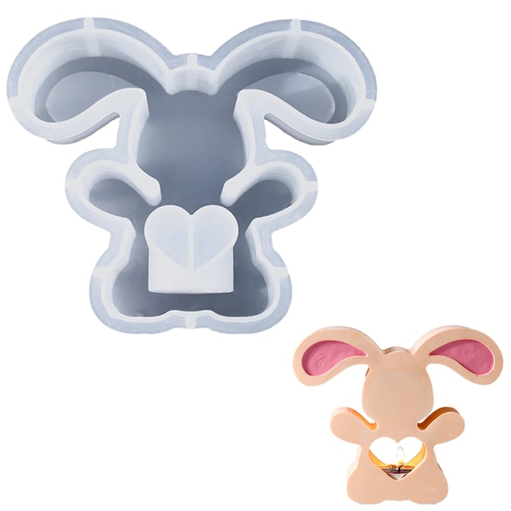 Matrita de silicon pentru suport de lumanare, RUIOMII, Model Iepuras de Paste, 10.5x13.7x0.5cm, Crem