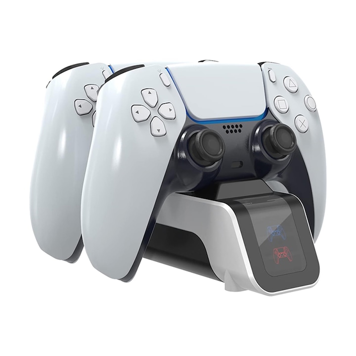 PS5 kontroller töltőállomás, Dupla, Axroad Mall, LED kijelzővel, Intelligens töltés és túltöltés elleni védelem, Gyorstöltés, Műanyag, 17x6,5x5cm, Fekete/Fehér