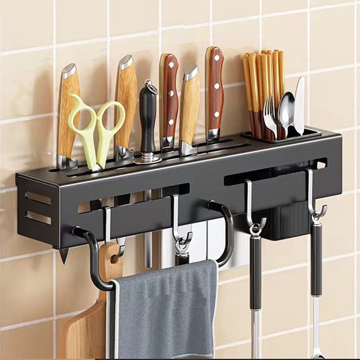 Organizator de perete pentru bucatarie, Axroad Mall, Suport ustensile bucatarie, Cu 4 carlige agatare, Cu un suport pentru prosoape, Nu este nevoie de gaurire, Estetica si practicitate, Multifunctional, 30x5, 5x5 cm, Oteluri inoxidabile, Negru