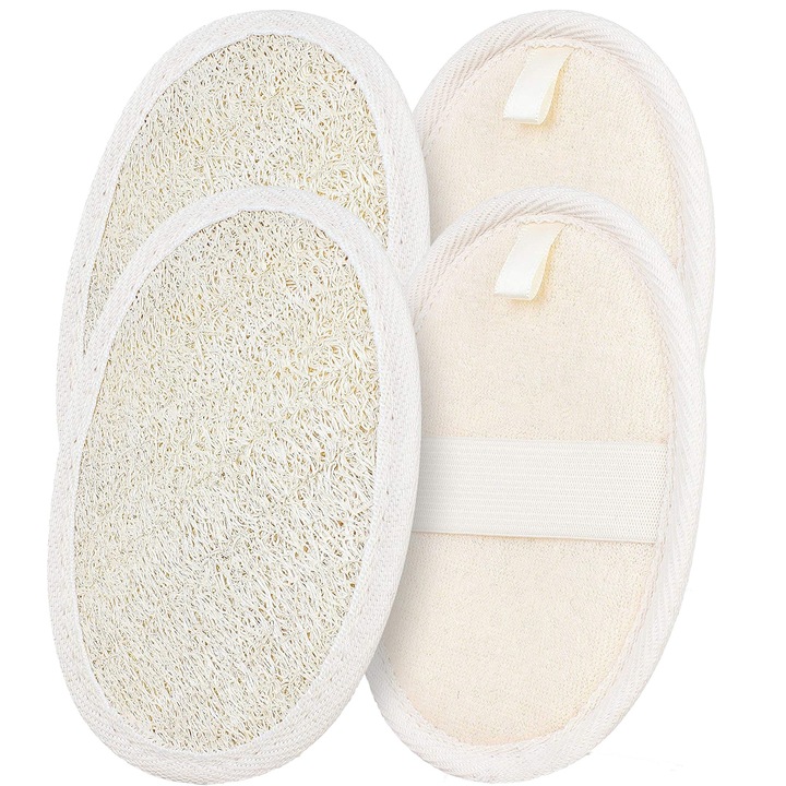 Set bureti de baie exfolianti, Axroad Mall, Biodegradabili, Set de baie din loofah natural multifunctionali, Usor de utilizat si de transportat, 4 buc, 10 x 14.5cm, Alb