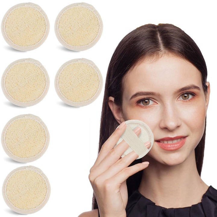 Set bureti de baie exfolianti, Axroad Mall, Biodegradabili, Set de baie din loofah natural multifunctionali, Usor de utilizat si de transportat, 6 buc, 6.5 x 6.5cm, Bej/Alb