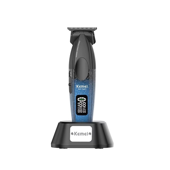 Trimmer 9000 RPM pentru par, din metal Masina de tuns profesionala fara fir cu afisaj Masina de tuns cu baza de incarcare