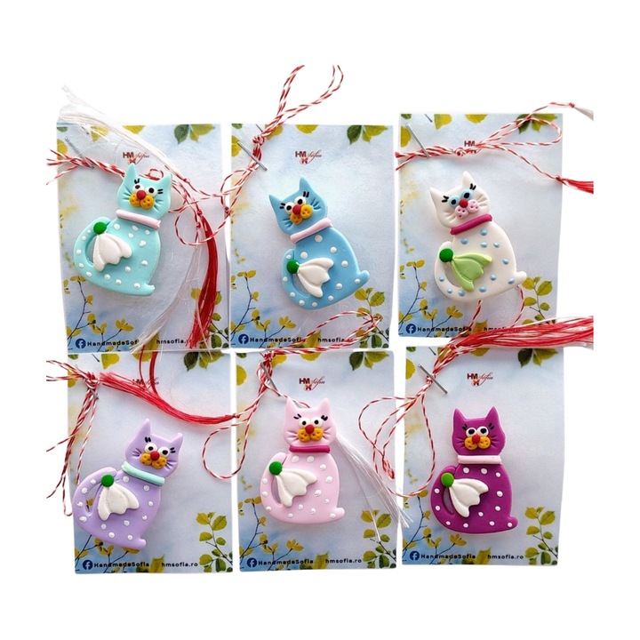 Set 6 martisoare Pisica, handmade din lut polimeric Fimo, tip brosa, multicolor