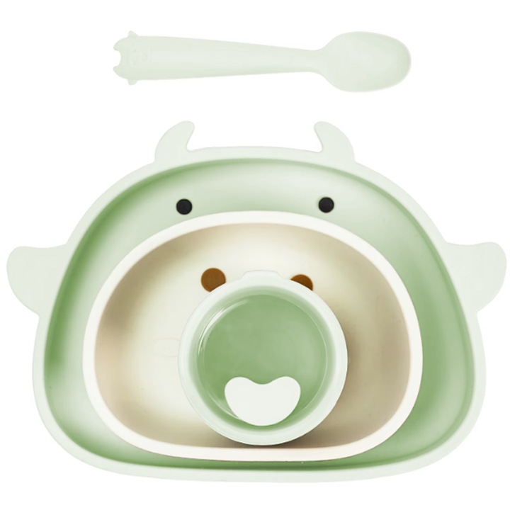 Комплект от 4 бебешки хранилки за разнообразяване, изработени от BPA и силикон без алергени, SINBINTA, 1 чинийка, 1 купа с вендуза, 1 чаша със сламка, 1 лъжичка, неплъзгащи се, устойчиви на топлина -20 - +250℃, 6+ месеца, лесни за почистване, зелени