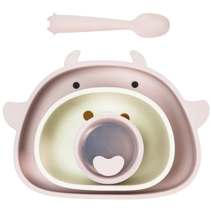 Комплект от 4 бебешки хранилки за разнообразяване, изработени от BPA и силикон без алергени, SINBINTA, 1 чинийка, 1 купа с вендуза, 1 чаша със сламка, 1 лъжичка, неплъзгащи се, устойчиви на топлина -20 - +250℃, 6+ месеца, лесни за почистване, розови