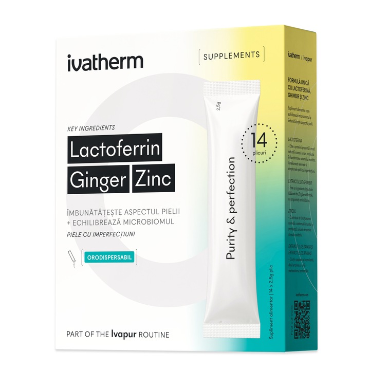 Lactoferrin Ginger Zinc supliment alimentar pentru pielea acneica sau cu imprefectiuni, IVATHERM, 14 plicuri