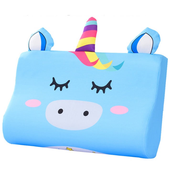 Perna pentru Copii cu Husa Hipoalergenica si Respirabila, SINBINTA, Perna Ortopedica din Spuma cu Memorie Premium, 2 inaltimi si suport pentru gat, Personaj roz/albastru unicorn, Toddler 3-6 Ani, Poliester, 45x27x7cm, Albastru