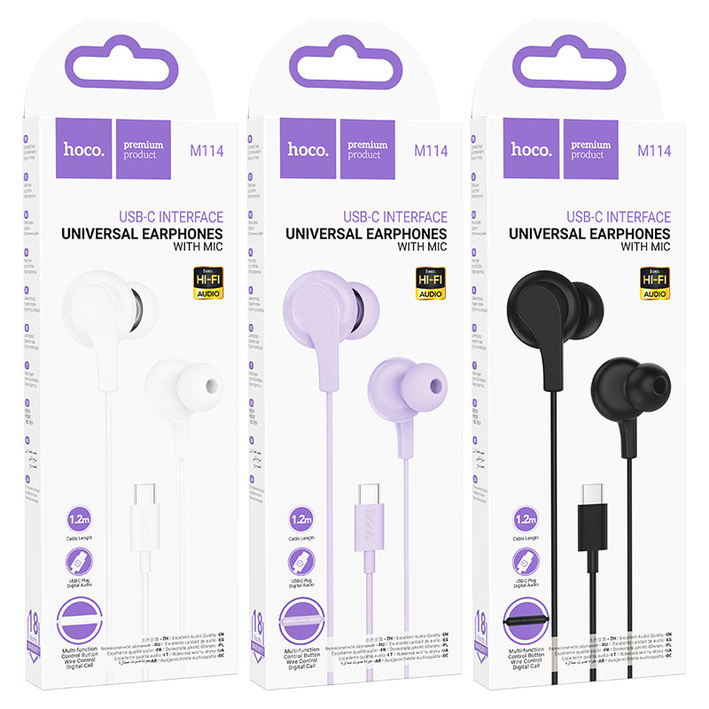 Casti Hoco M114 Jia, Cablu Type-C 1.2m, Compatibile iPhone 15/16 si Android, Microfon si Control volum, Negru