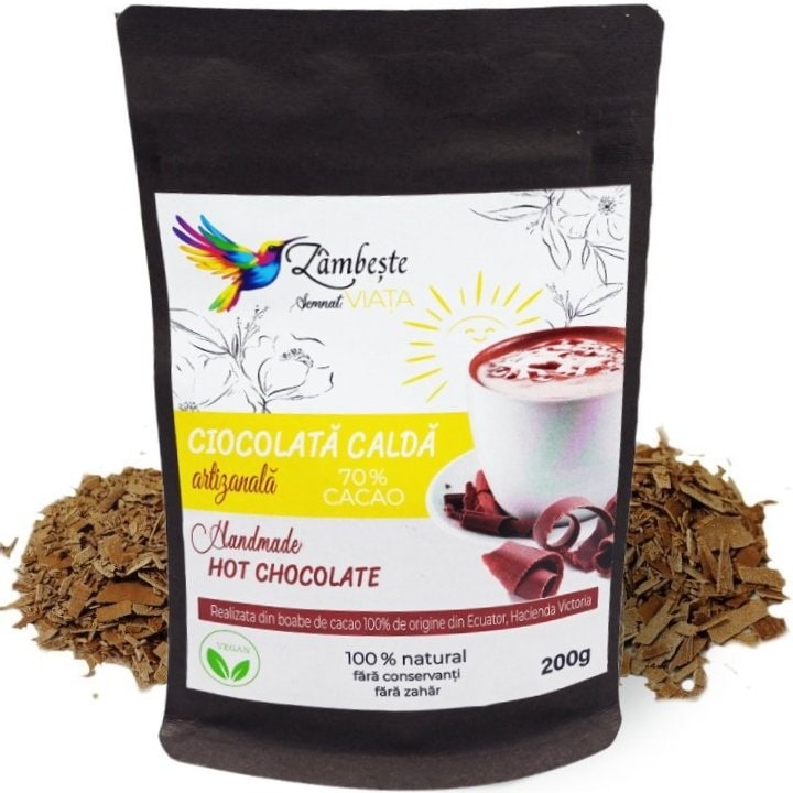 Ciocolata calda pura artizanala vegana cu 70%cacao "Zambeste" fara zahar, fara aditivi 100%naturala, 200g, Viata Ca Un Curcubeu