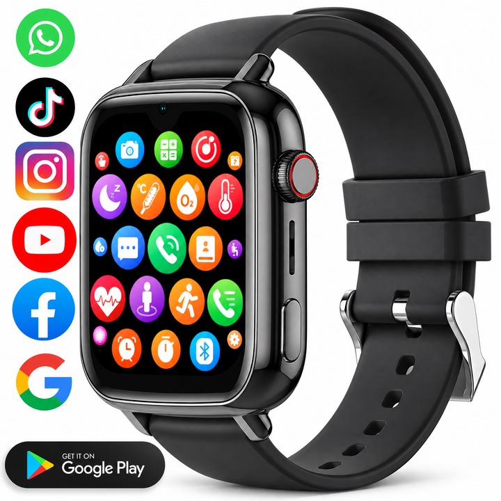 Ceas smartwatch copii GPS 4G, Google play, Whatsapp, Tiktok, Instagram, Youtube, Facebook, camera HD, Wingereich ™, localizare GPS, telefon, apel video HD, Super AMOLED, WIFI, bluetooth, apa IP67, Android, IOS, SOS, monitorizare spion, ritm cardiac, negru