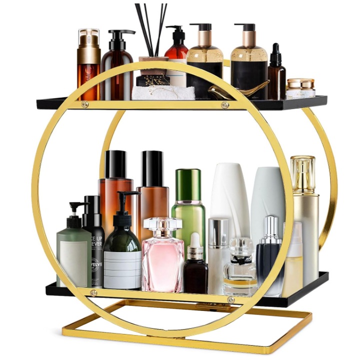 Organizator pentru Cosmetice si Skincare, SINBINTA, De Baie de Blat Raft, Vitrina, 2 compartiment, Rezistent la umiditate si rugina, Design modern, Pentru organizat mici si mari, Metal, 22.5x15x29cm, Auriu/Negru