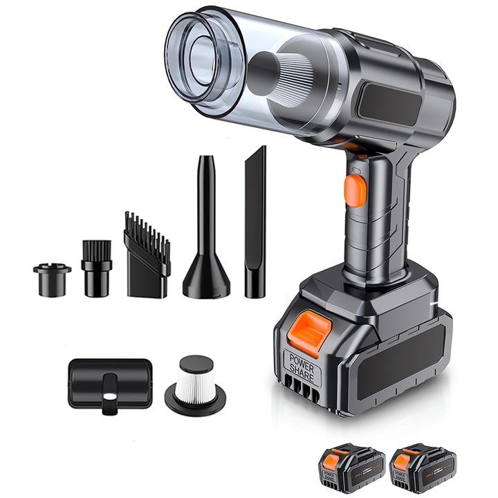 Aspirator de Mana Auto Teno®, 6 in 1, aspirare, suflare, vidare, umflare, viteza ridicata, motor puternic, autonomie mare, baterie litiu, filtru HEPA, 35000PA, 120W, negru