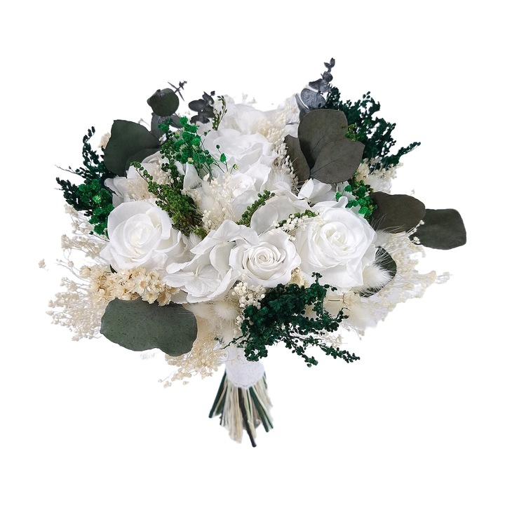 Buchet cu trandafiri naturali criogenati albi si flori naturale criogenate si uscate