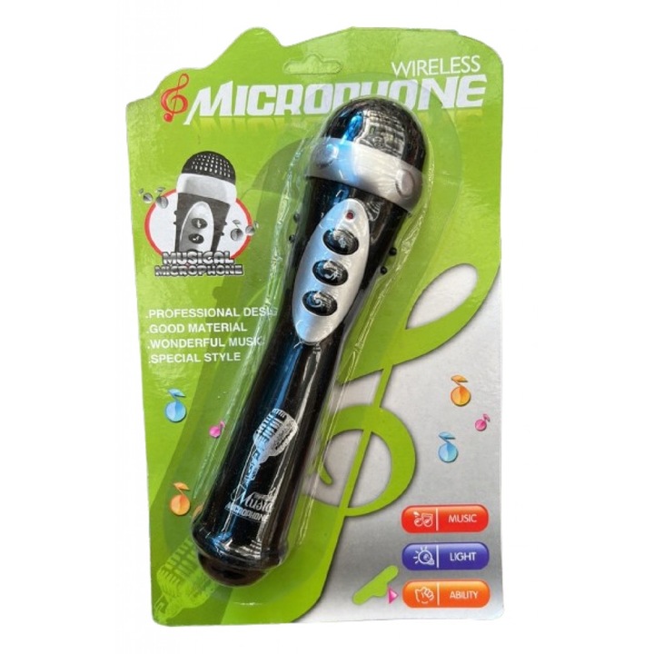Детски микрофон Music Microphone, Мелодии, Светлини, Работи с 2 броя тип АА батерии, Размер на опаковката: 25.5х15.5 сантиметра, Цвят: Черен/сребрист