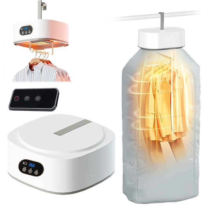 Uscator Electric de Rufe, SINBINTA, Uscator de Haine Pliabil de Uz Casnic, Sterilizare cu lumina UV, Control timp si temperatura, Cu telecomanda, Capacitate 8-10 bucati de haine, Portabil, Silentios, Usuca rapid, ABS, 21.5x21.5x11cm, Alb