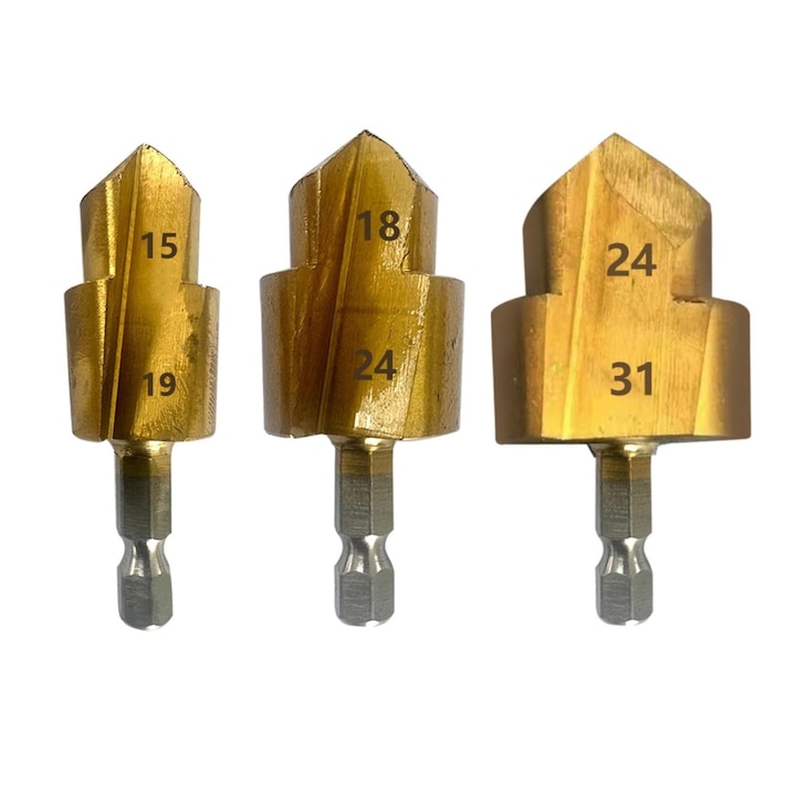 Set 3 bucati de gaurit pentru tevi de mare rezistenta, Axroad Mall, Tija hexagonala pentru stabilitate, Rezistenta scazuta la taiere, Accesorii profesionale, Pentru tevi MMP/PVC/PPR, Otel, 20/25/32mm, Auriu