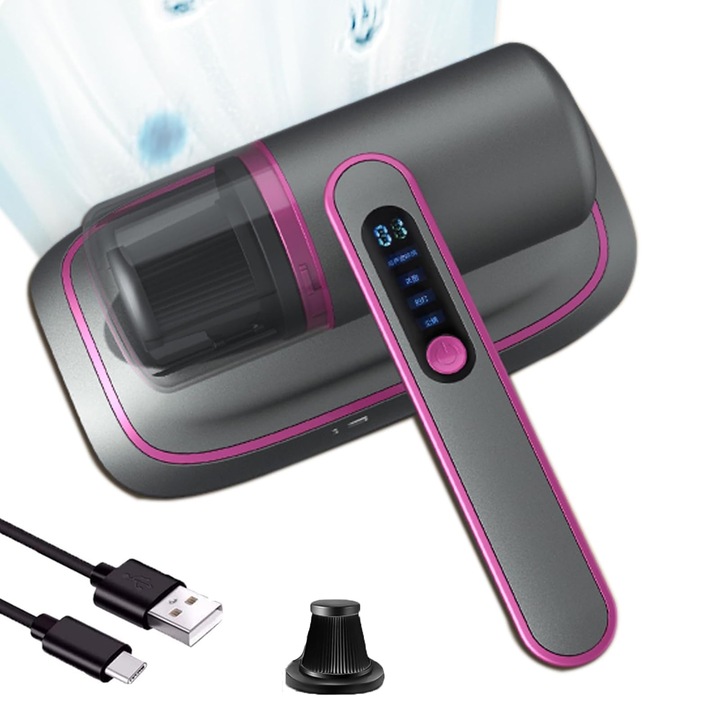 Прахосмукачка против акари SINBINTA, Ръчна, UV, За легло, Висока всмукателна мощност 7000pa, Безжична, UV филтрация, Ефикасна дезинфекция и стерилизация, Презареждаща се с USB, Преносима, ABS, 28,5x24,5x12 см, Лилав