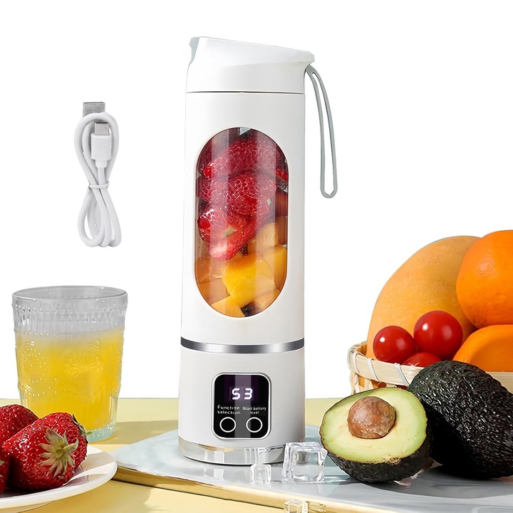 Mini elektromos turmixgép, SINBINTA, Hordozható elektromos turmixgép, 450ml, Szilikon fogantyúval, 3 sebességfokozat, 12 acél penge, Öntisztító, 1300mAh újratölthető akkumulátor, Smoothie, zöldségek és gyümölcsök, tejes turmix, Üveg/ABS, 75x250mm, Fehér