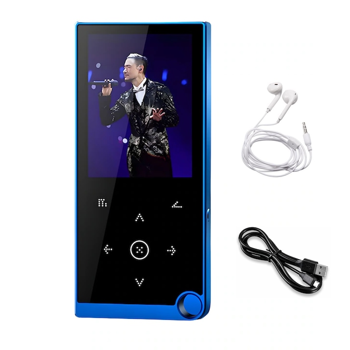 MP3/MP4 lejátszó érintőképernyővel, SINBINTA, Bluetooth 4.2, 2,4 hüvelykes képernyő, 16 GB belső memória, FM rádió, e-könyv olvasás, Hi-Fi veszteségmentes hangminőség, 500 mAh, 3,5 mm-es audio jack, hordozható, cinkötvözet, 10,6x4,8x0,88 cm, kék