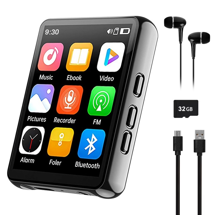 MP3/MP4 lejátszó érintőképernyővel, SINBINTA, Bluetooth 4.2, 2,4 hüvelykes képernyő, 32 GB belső memória, FM rádió, e-könyv olvasás, veszteségmentes Hi-Fi hangminőség, 300 mAh, hordozható, cink ötvözet, 10,6x4,8x0,88 cm, fekete