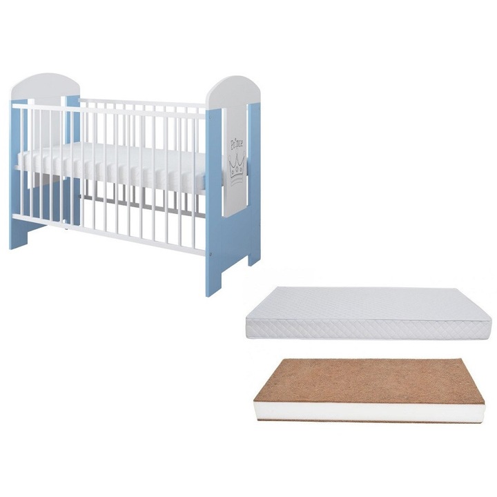 Set Patut din lemn cu inaltime saltea reglabila pe 3 nivele Ptilou Blue Prince + Saltea cocos 10 cm