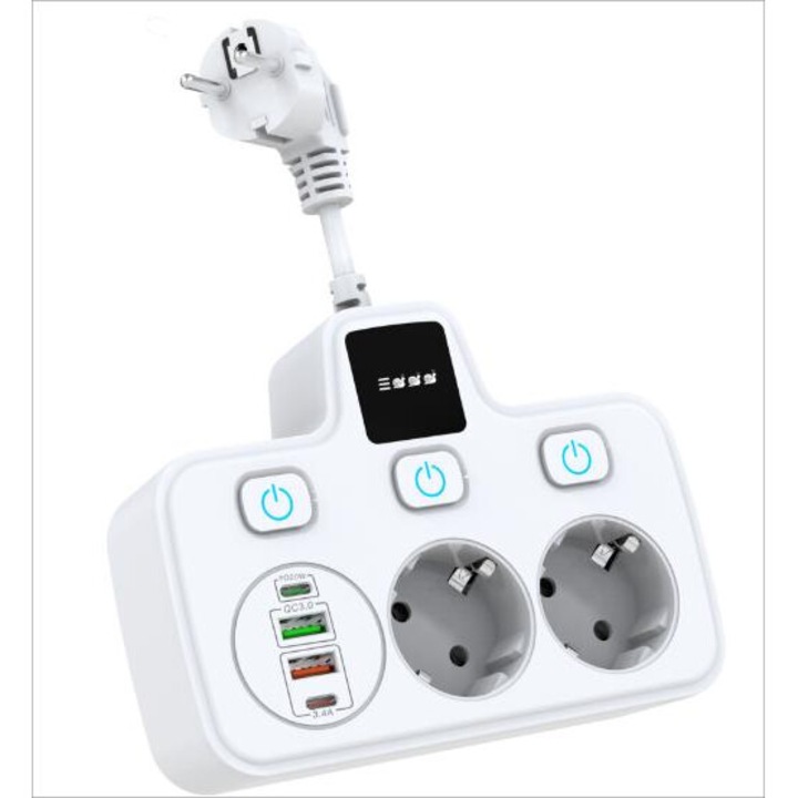 Стенен разклонител, Sanyu Media, 3 гнезда, 2 USB, бял