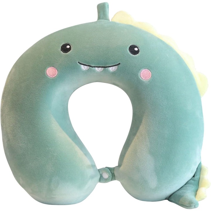 U-образна възглавница за пътуване, Flippy, за врата и главата, пълнеж от мемори пяна, 30x30 см, модел на динозавър, аксесоар за пътуване, офис, кола, система с щипки, зелен