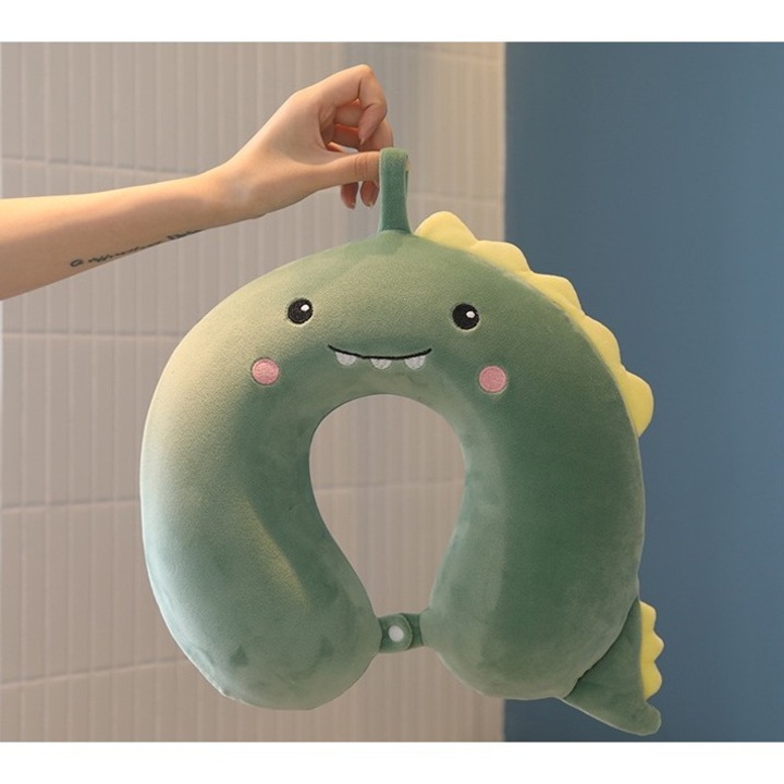 Produs premium - Perna de Calatorie in Forma de U, Southern Sky, Pentru Gat si Cap, Umplutura din Spuma cu Memorie, 30x30 cm, Model Dinozaur, Accesoriu de Voiaj, Birou, Masina, Sistem Prindere Capse, Verde - calitate superioara