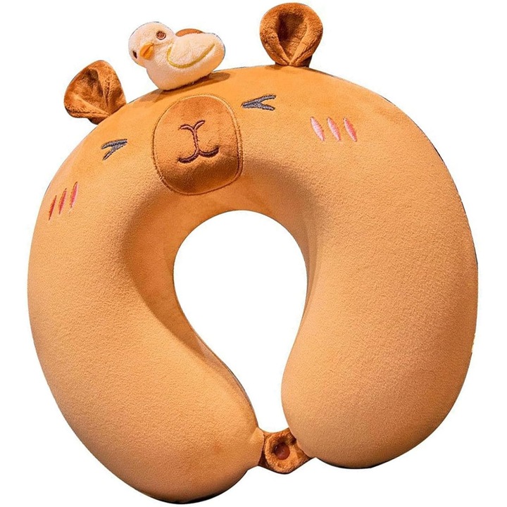 Perna de Calatorie Capybara U-Shape cu Spuma cu Memorie, Model Capybara, Maro