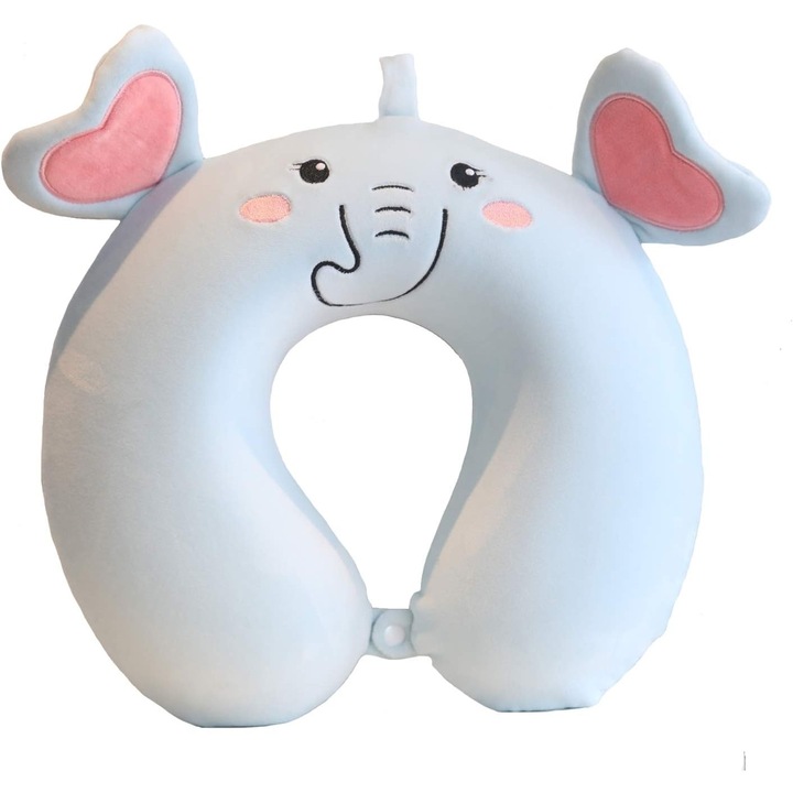 Perna de Calatorie in Forma de U Click Travel, Pentru Gat si Cap, Umplutura din Spuma cu Memorie, 30x30 cm, Model Elefant, Accesoriu de Voiaj, Birou, Masina, Sistem Prindere Capse, Albastru