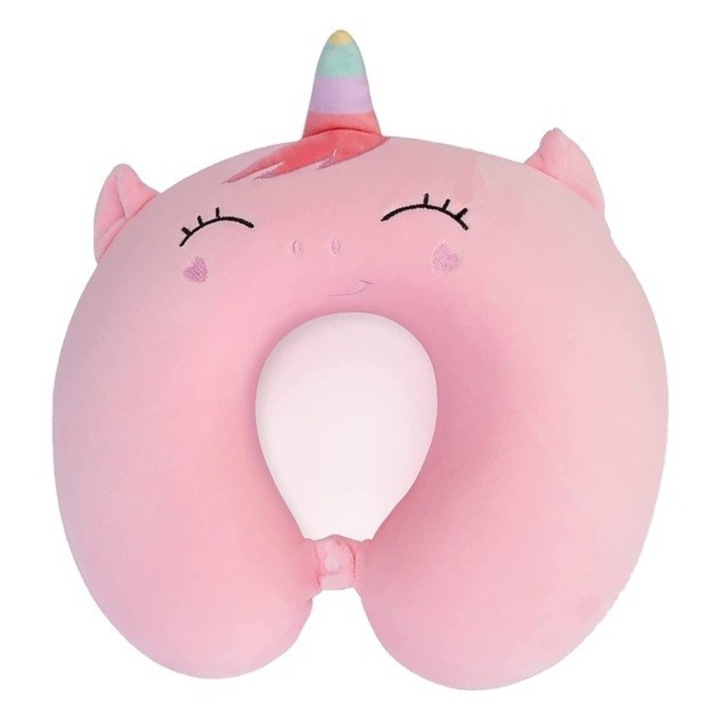 Възглавница за пътуване, Flippy, U-образна, за врата и главата, пълнеж от мемори пяна, 30x30 см, модел на еднорог, аксесоар за пътуване, офис, кола, система с щипки, розова