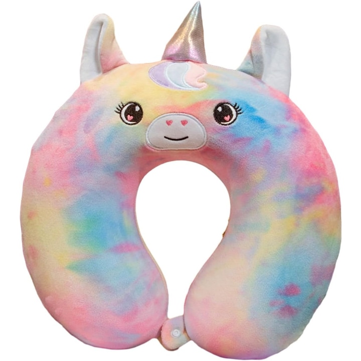 Perna de Calatorie U-Shape cu Spuma cu Memorie, Model Unicorn, Curcubeu