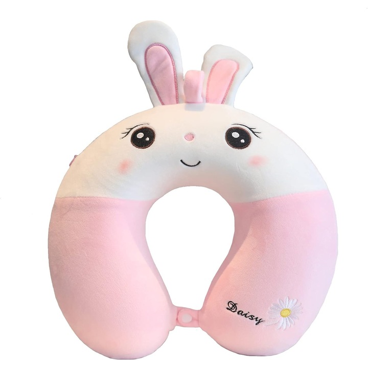 Възглавница за пътуване за глава и шия, пълнеж от мемори пяна, 30 см x 30 см, шарка на зайче, аксесоар за пътуване, офис, кола, приставка за щипка, розово