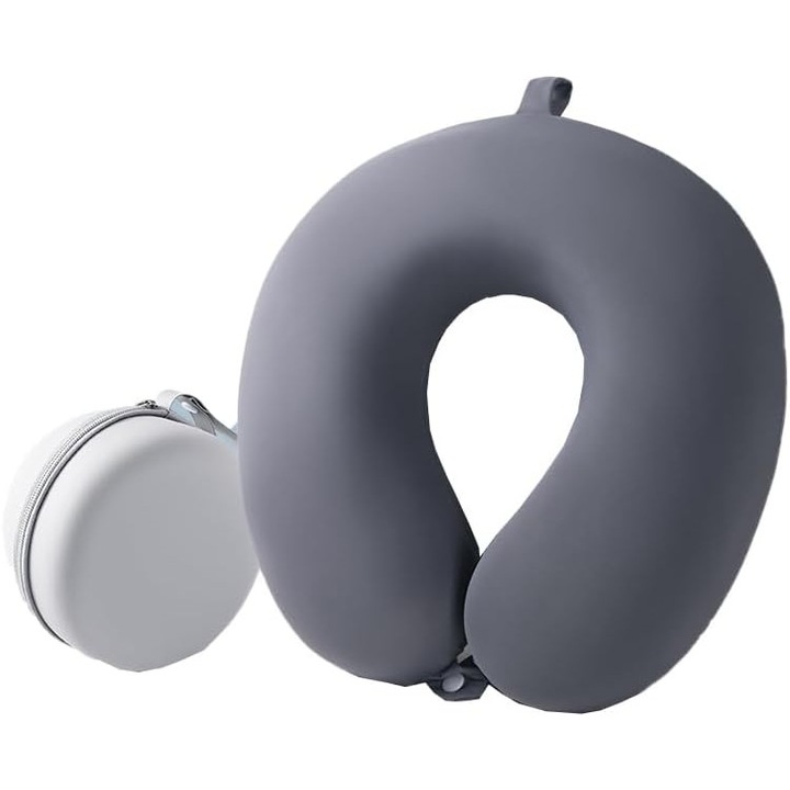 U-образна възглавница за пътуване, Flippy, за врата и главата, пълнеж от мемори пяна, 30x30 см, система с щипки, кутия за съхранение, сива