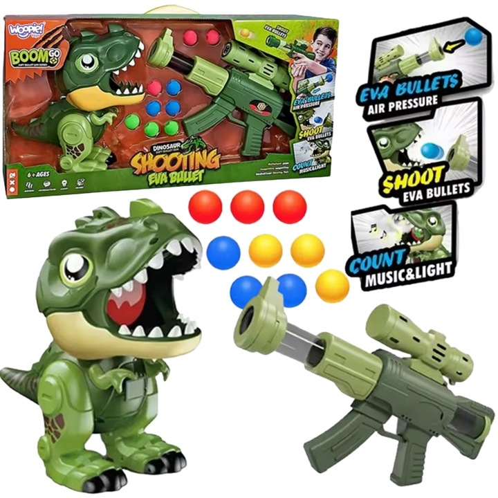 Pistol interactiv pentru bile din spuma, set cu dinozaur, 8 metri, 9 bile EVA