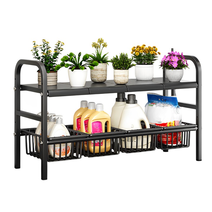 Suport extensibil pentru ustensile de bucatarie, cu 2 niveluri, 4 polite, 4 cosuri, Neirini, Negru, 55-85 x 38 x 53 cm