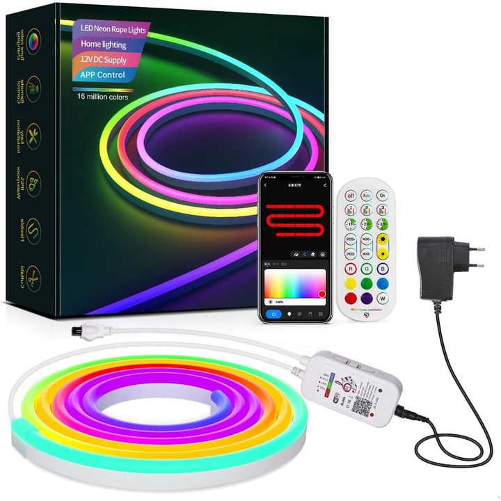 RGBIC LED szalag, 5 méter, 480 LED, Wi-Fi vezérlés és távirányító, Alexa/Google Assistant kompatibilis, többszínű, IP67, beltéri/kültéri használatra