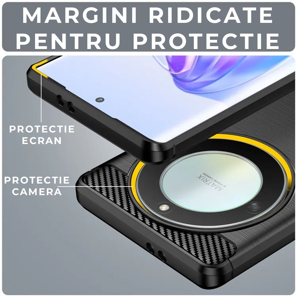 Husa pentru Honor Magic 7 Lite Flexibila Antisoc Carbon Daden®, Protectie camera, Slim, Hybrid Antisoc, Negru