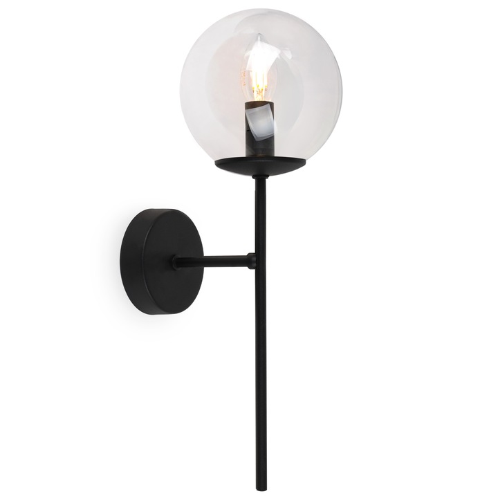 Aplica de Light Home, Siena, 1 punct de lumina, E14, La retea, Interior, 230 V, Clasa A, 15x10x15 cm, Rotund, 60 W, Metal/Sticla, Transparent/Negru