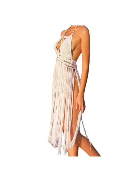 Rochie de plaja RUIOMII®, design cu franjuri, material traditional, culoare bej, marime unica, bej