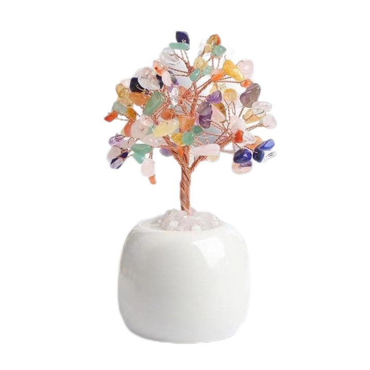 Copacul de Cristal Amethyst, RUIOMII, design Arbrele Vietii, baza din cupru, violet, decor birou 10x15cm