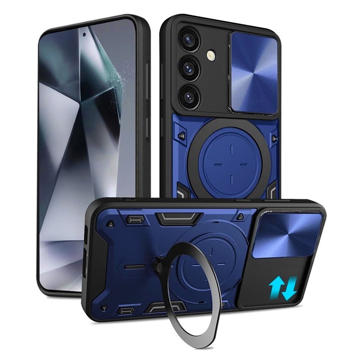 Husa SurveilPro Spate 360° Ring Design Lens Cover pentru Samsung Galaxy S25+ / S25 Plus, OPTIM SOLUTION, Protectie Avansata, Functie Magnetica, Bumper Antishock, Suportul Inel Rotativ din Inox, Albastru