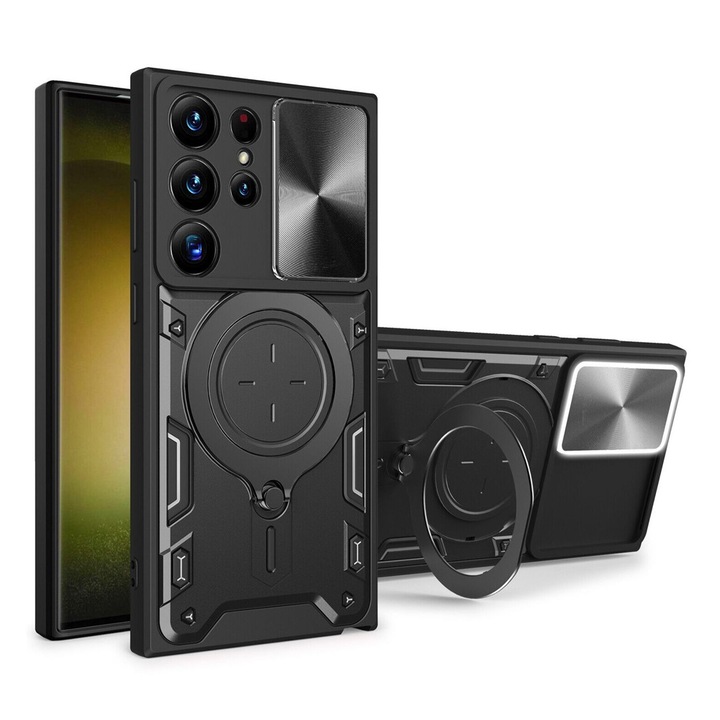 Husa SurveilPro Spate 360° Ring Design Lens Cover pentru Samsung Galaxy S25 Ultra, OPTIM SOLUTION, Protectie Avansata, Functie Magnetica, Bumper Antishock, Suportul Inel Rotativ din Inox, Negru