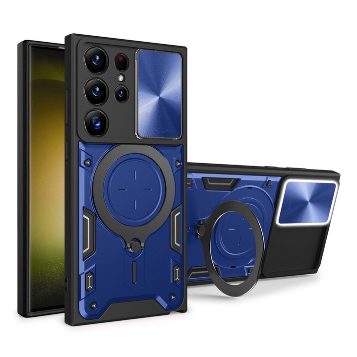 Husa SurveilPro Spate 360° Ring Design Lens Cover pentru Samsung Galaxy S25 Ultra, OPTIM SOLUTION, Protectie Avansata, Functie Magnetica, Bumper Antishock, Suportul Inel Rotativ din Inox, Albastru