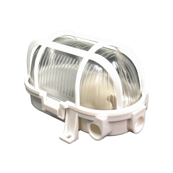 Aplica exterior, lampa BADT, cu grilaj de plastic, dulie E27, fara bec, maxim 60W, IP44, ABS si sticla, alb, Mentavill