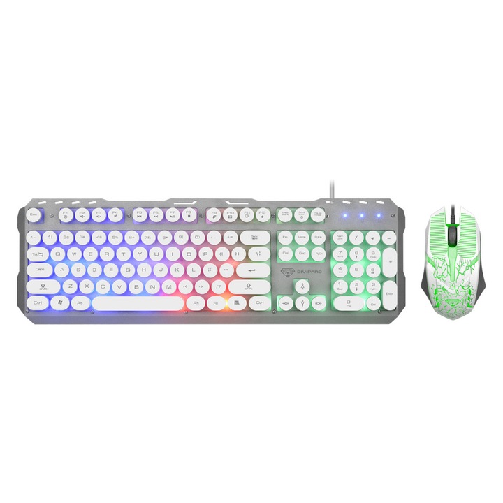 Set tastatura si mouse ASDIIT, design metalic punk, iluminare RGB, baza grea din fier, alb